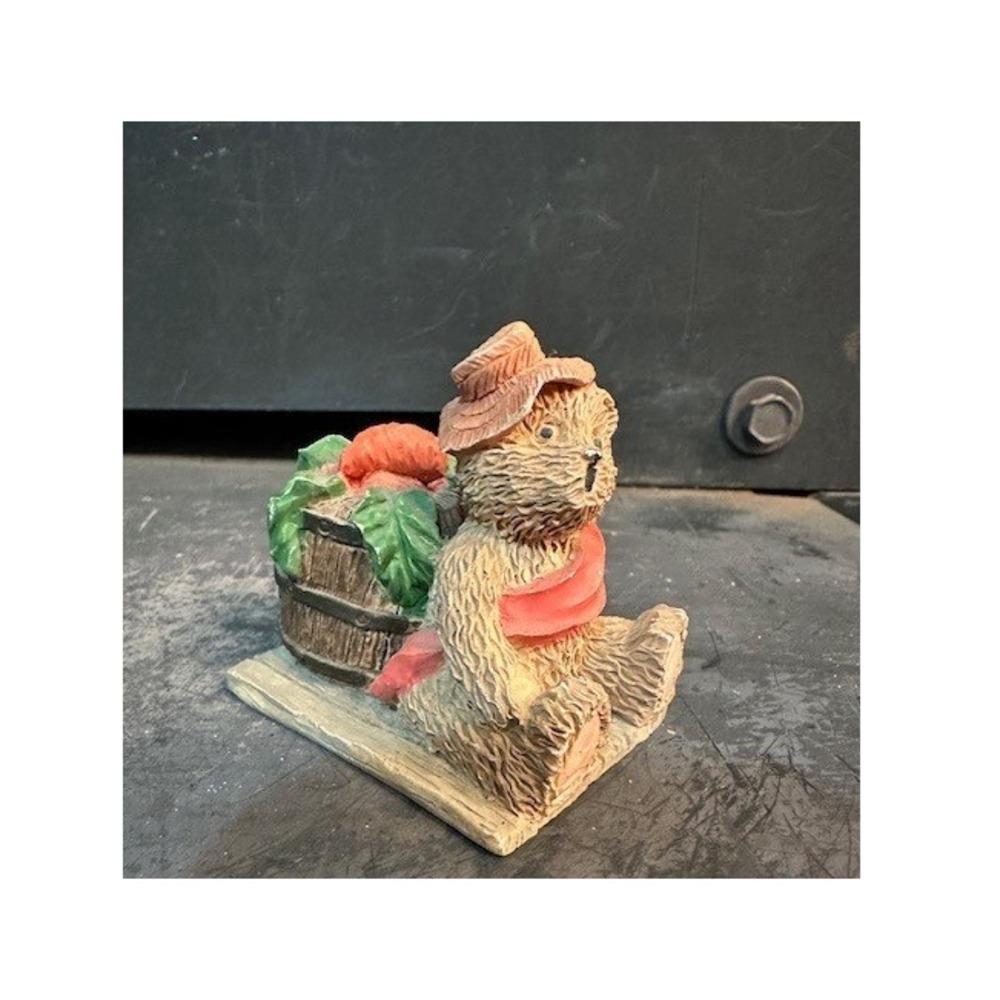 Vintage Resin Teddy Bear Figurine‎ with Harvest Barrel Pumpkin and Pink Hat